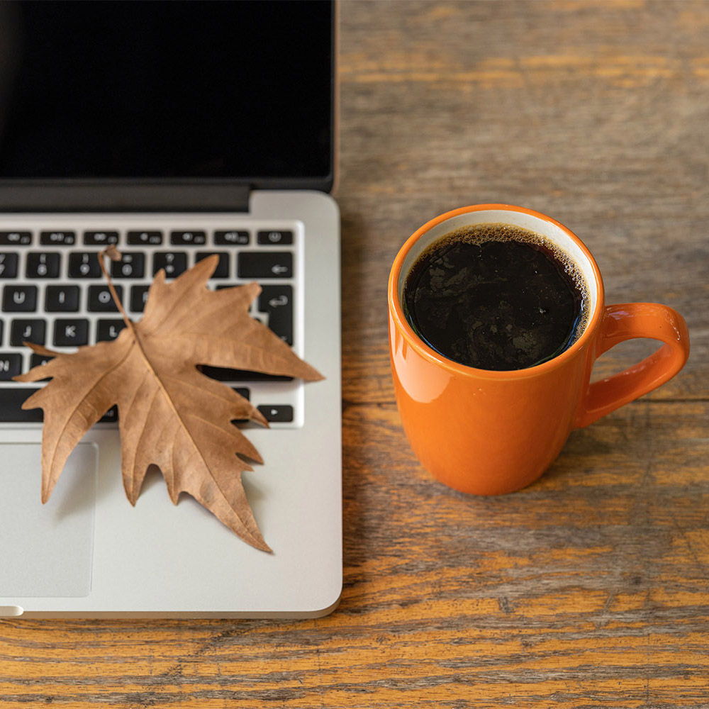 Laptop on warm wood table with a. leaf and an orange coffee cup. 